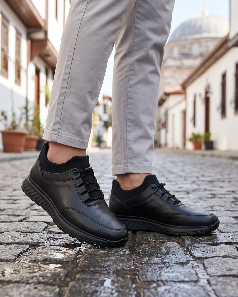 Black Leather Elastic-Lace Shoes - Shoes by Savas Textile