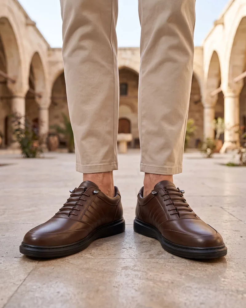 Brown Leather Striped Elastic-Lace Shoes - Shoes by Savas Textile