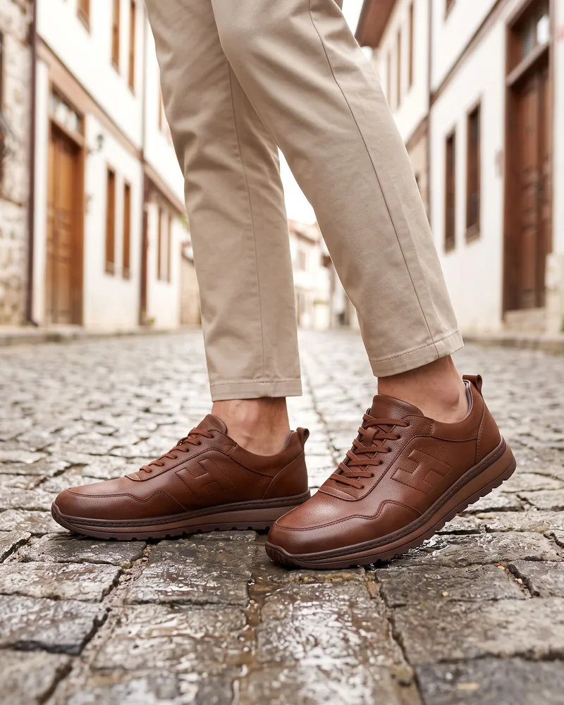 Brown Leather Stitch-Detail Shoes - Shoes by Savas Textile