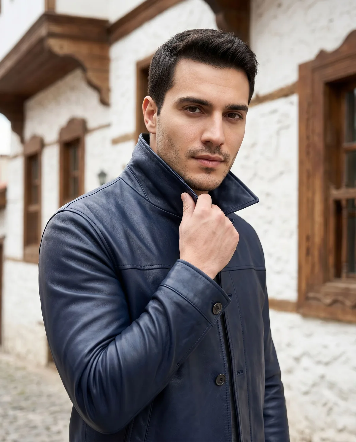 Navy Genuine Leather Jacket detail - Savas Textile
