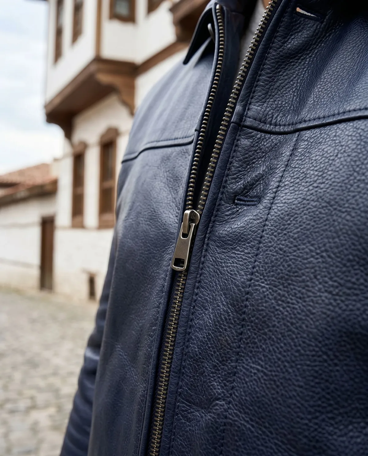 Navy Genuine Leather Jacket detail - Savas Textile