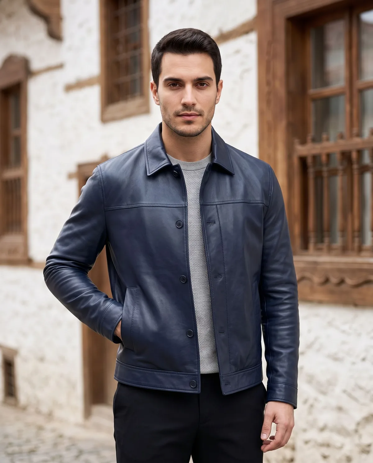 Navy Genuine Leather Jacket detail - Savas Textile