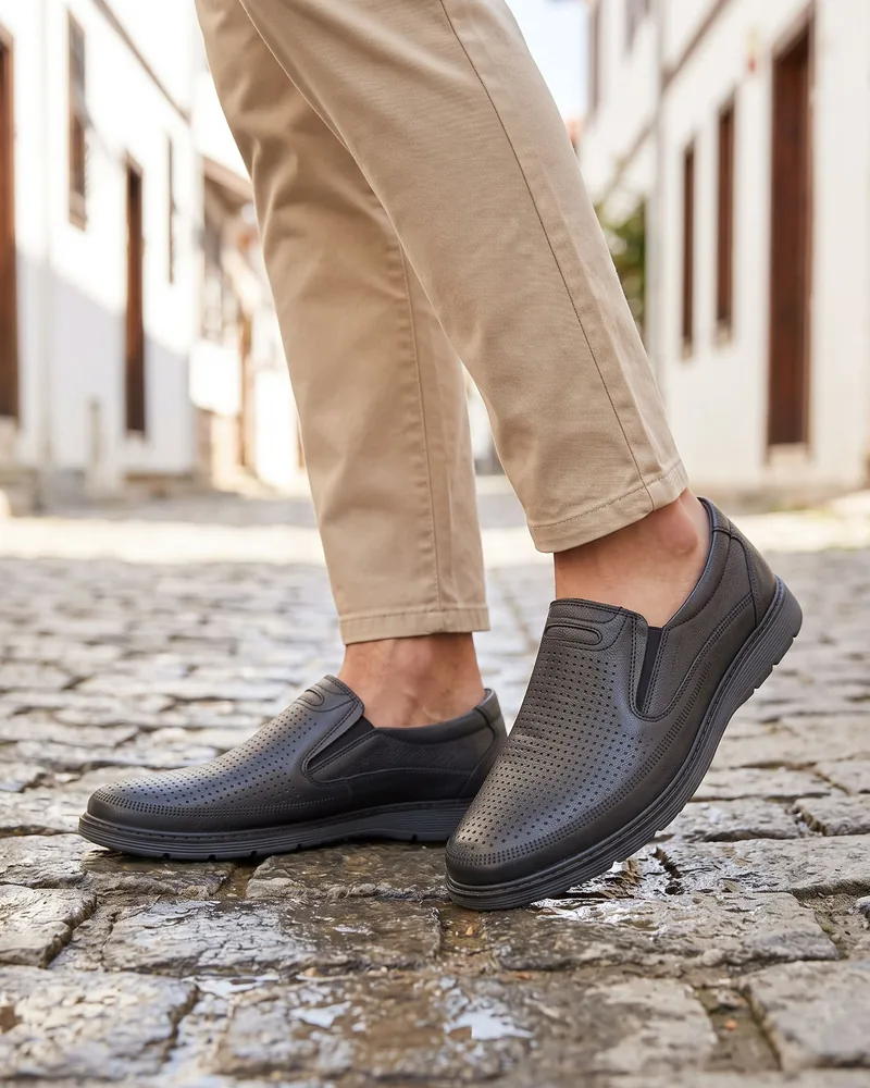 Charcoal Perforated Leather Loafers - Shoes by Savas Textile