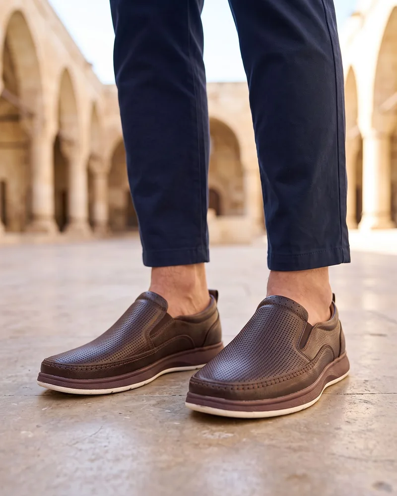 Brown Perforated Leather Loafers - Shoes by Savas Textile