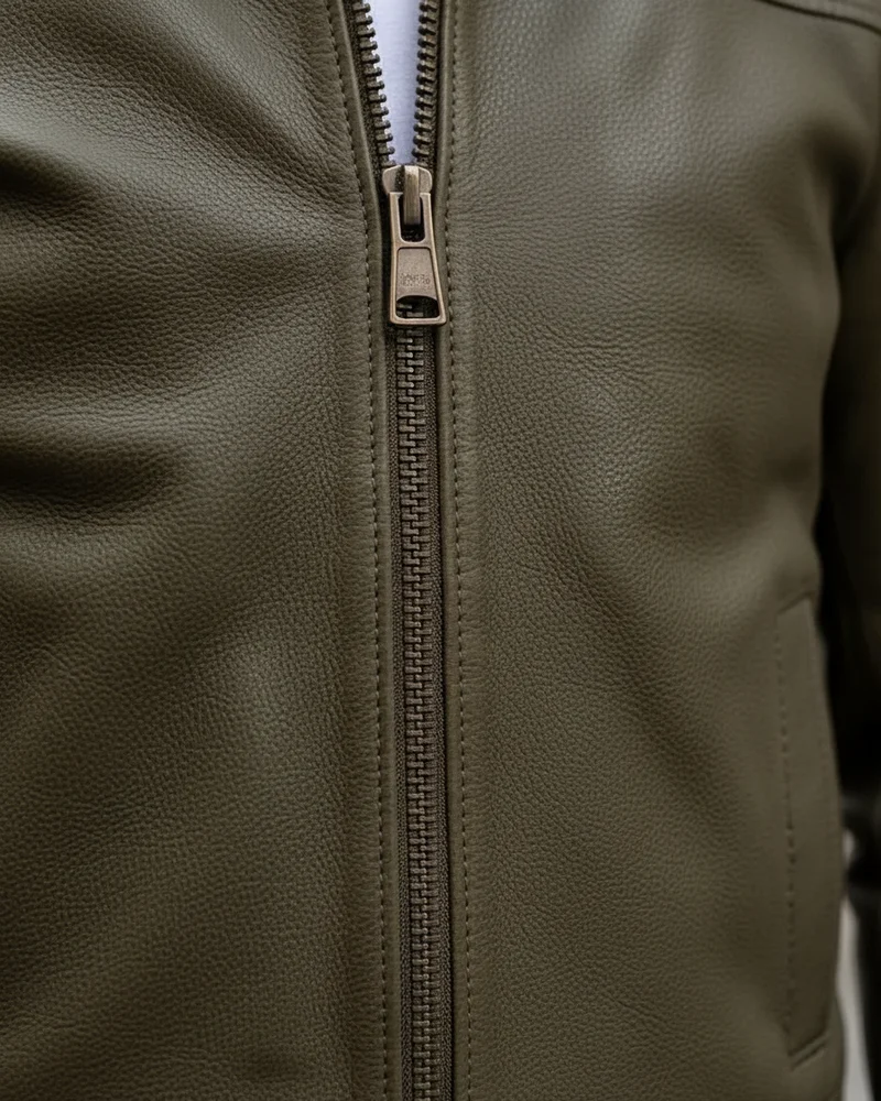Khaki Green Genuine Leather Jacket detail - Savas Textile
