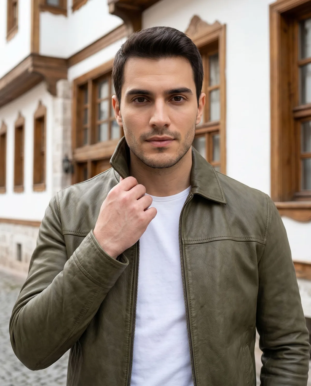 Khaki Green Genuine Leather Jacket detail - Savas Textile