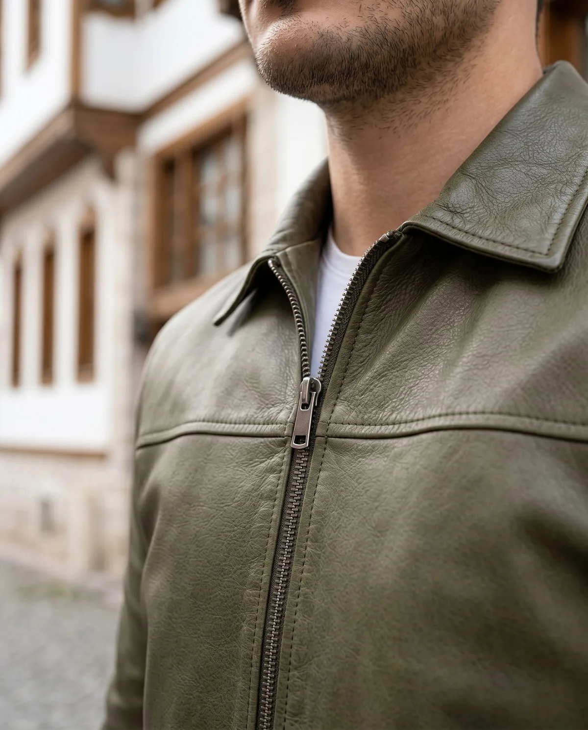 Khaki Green Genuine Leather Jacket detail - Savas Textile