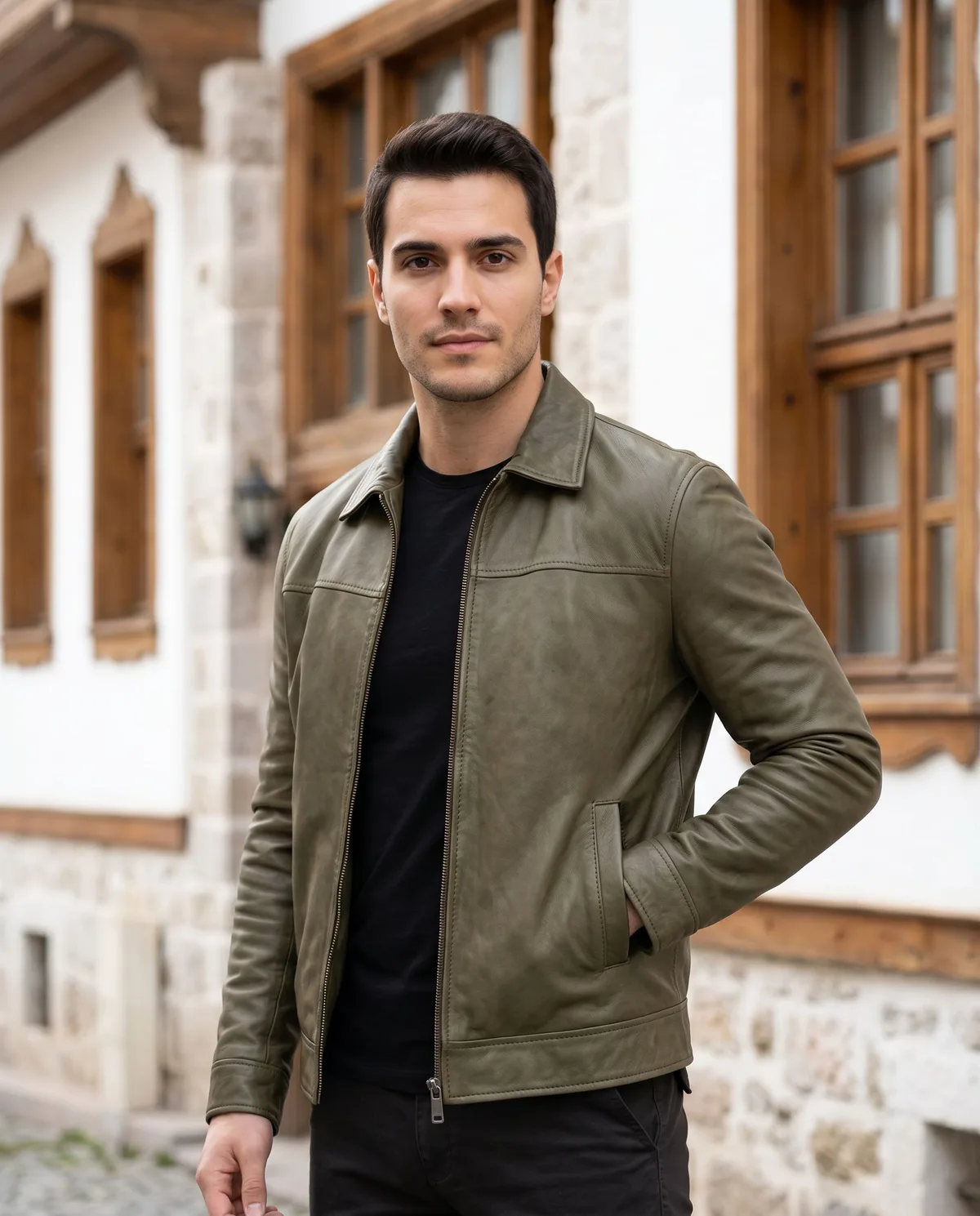 Khaki Green Genuine Leather Jacket detail - Savas Textile