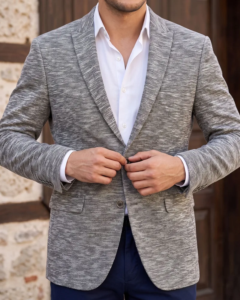 Grey and White Melange Blazer detail - Savas Textile