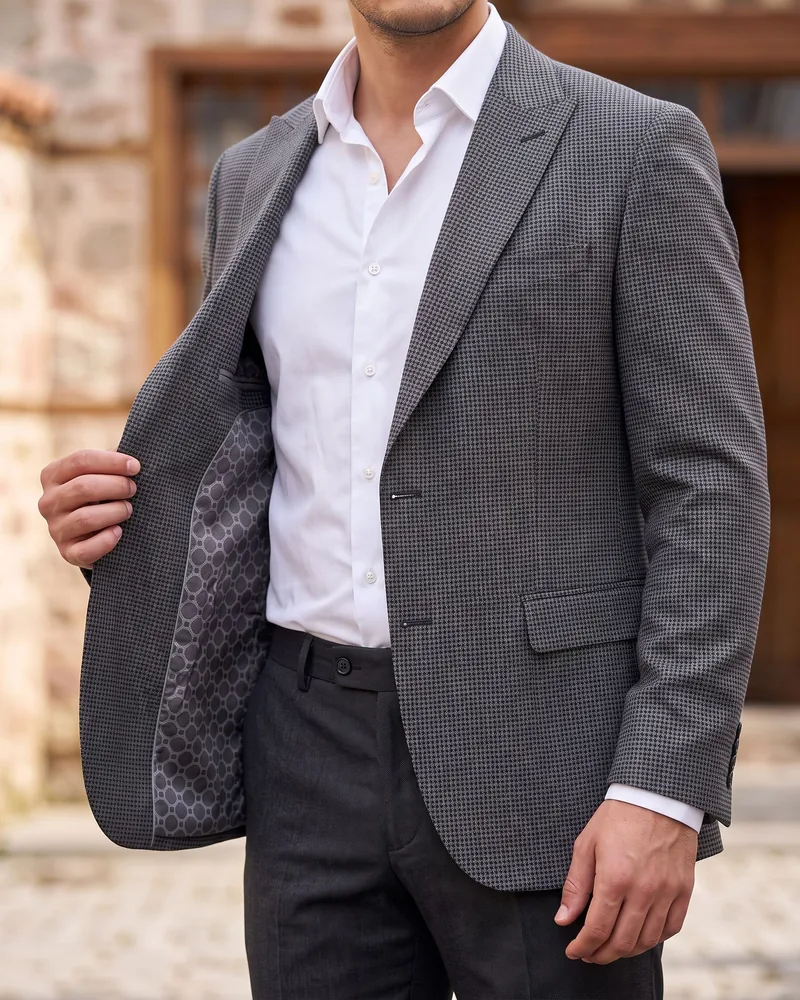 Charcoal Birdseye Blazer detail - Savas Textile