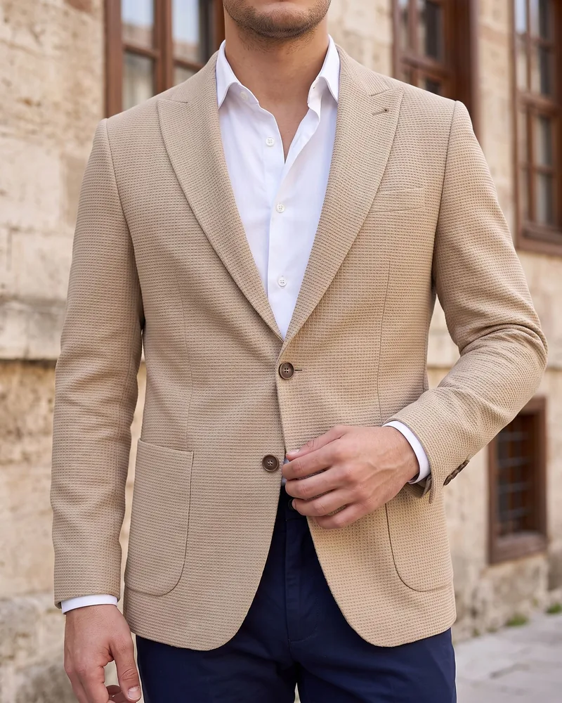 Beige Knit-Textured Blazer detail - Savas Textile
