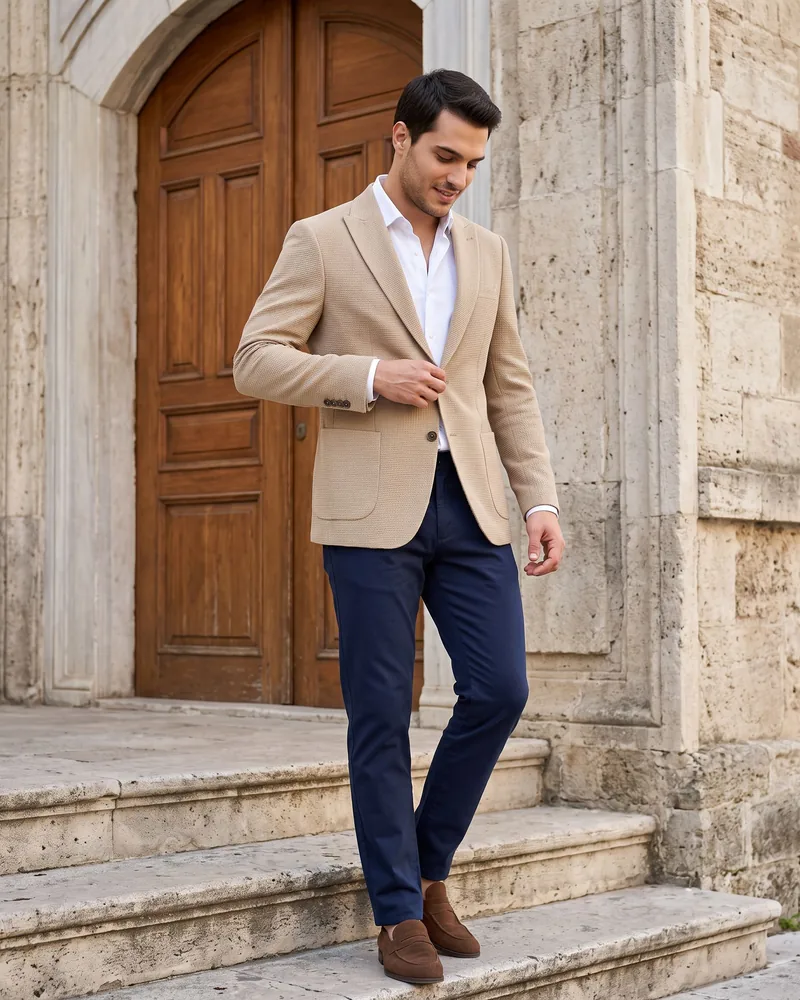 Beige Knit-Textured Blazer - Blazers by Savas Textile