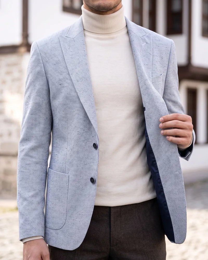 Light Grey-Blue Melange Blazer detail - Savas Textile