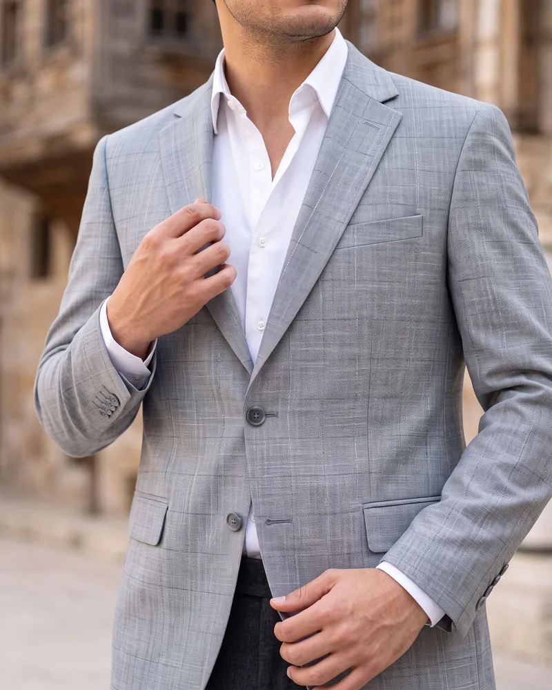 Light Grey Check Blazer detail - Savas Textile