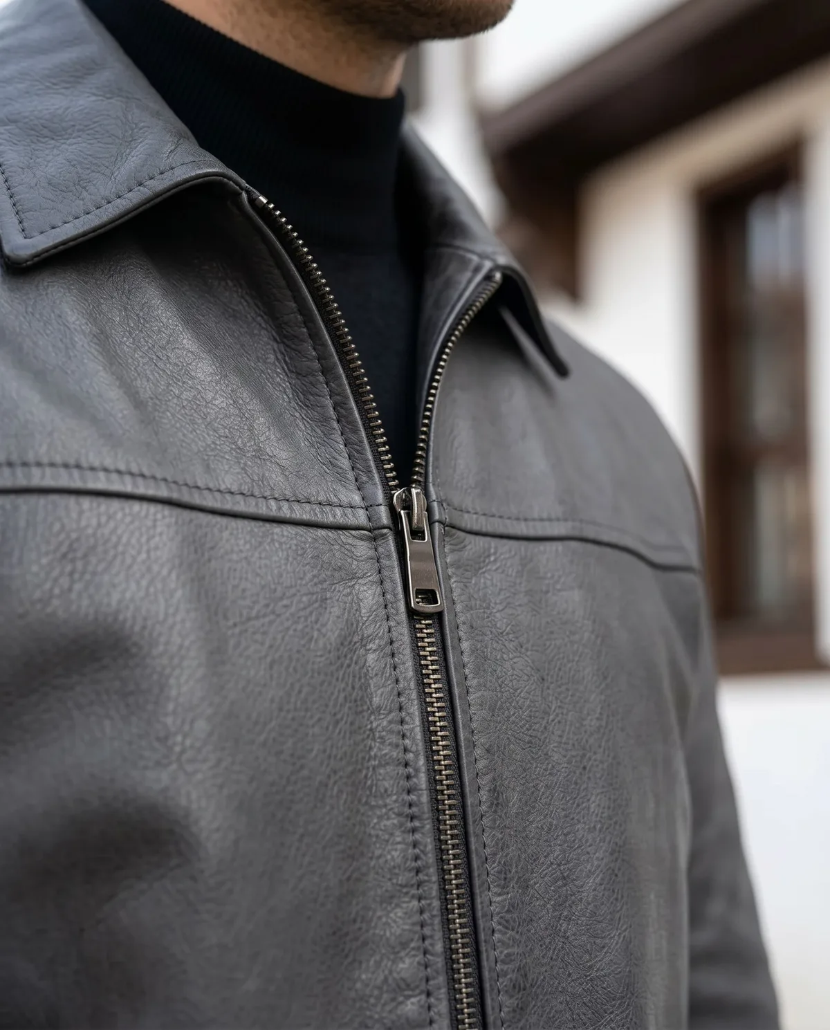 Charcoal Grey Genuine Leather Jacket detail - Savas Textile