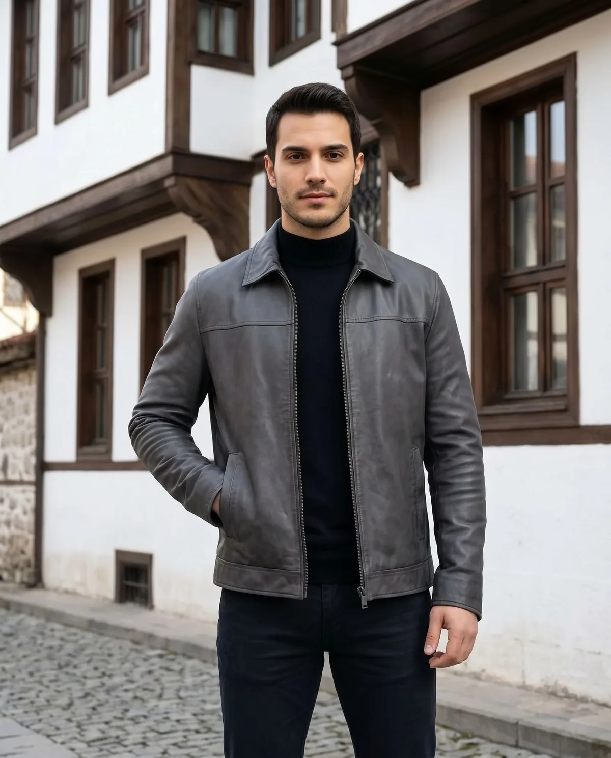 Charcoal Grey Genuine Leather Jacket detail - Savas Textile
