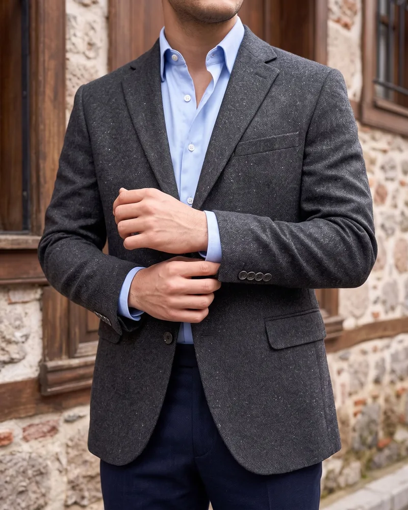 Charcoal Tweed Blazer detail - Savas Textile