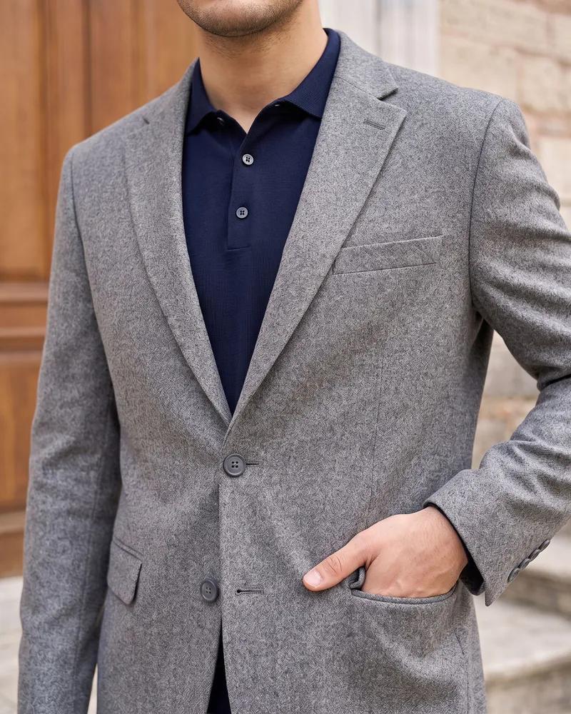 Grey Melange Blazer detail - Savas Textile