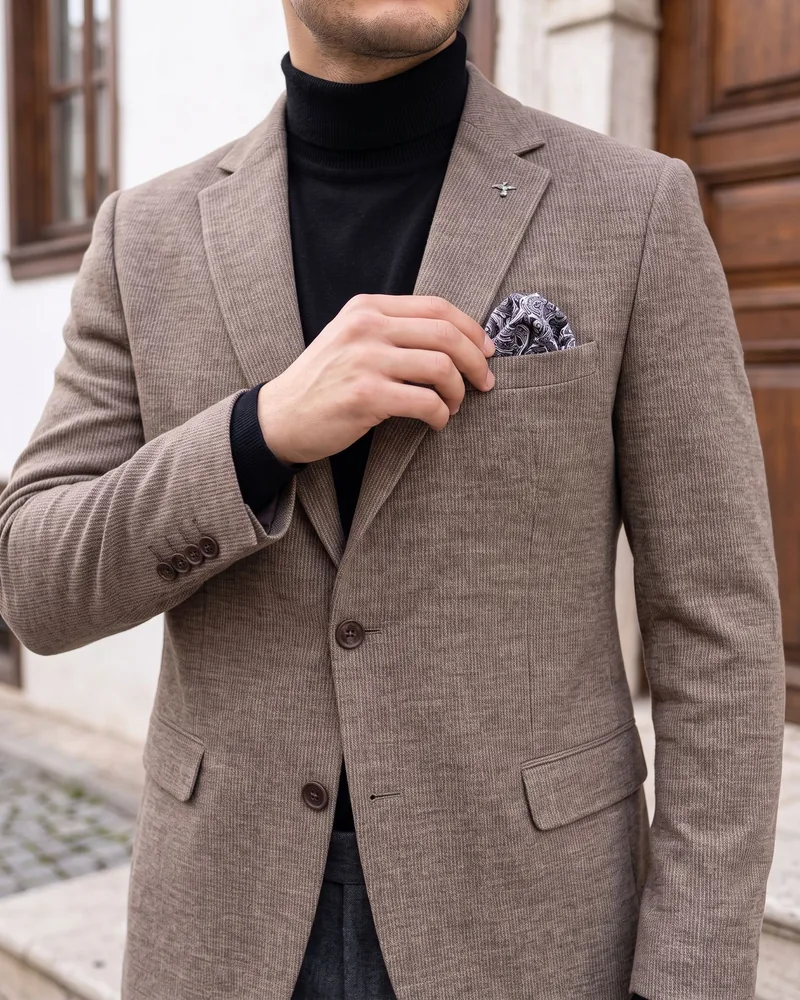 Taupe Blazer with Pocket Square detail - Savas Textile