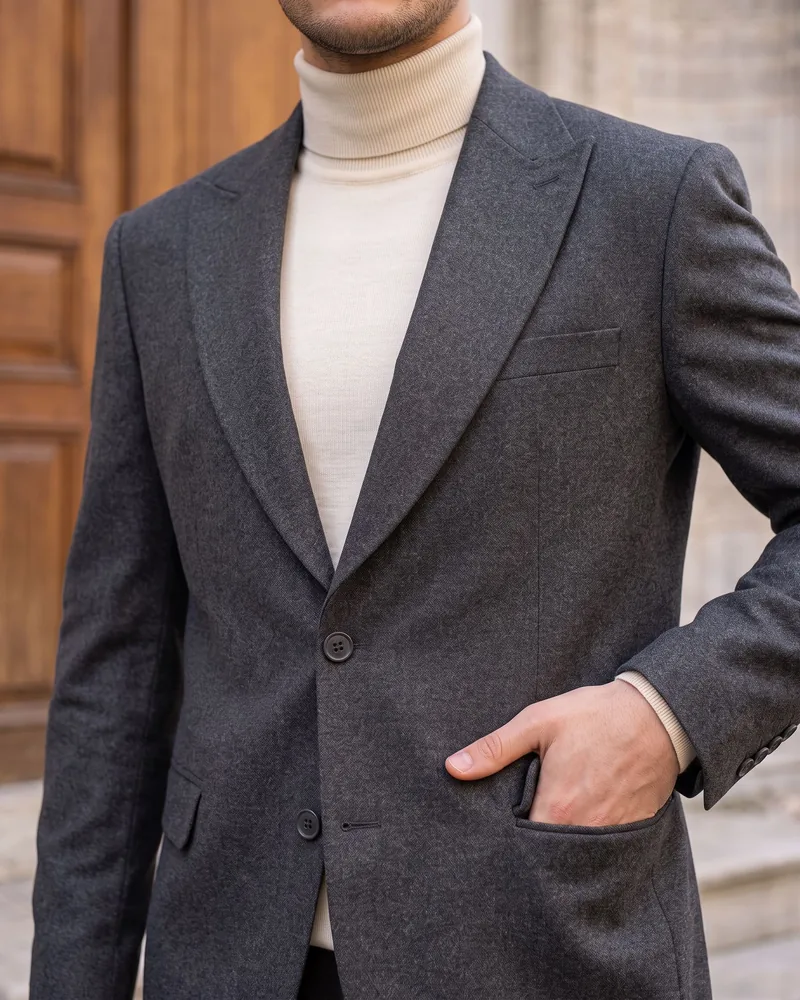 Dark Grey Peak-Lapel Blazer detail - Savas Textile