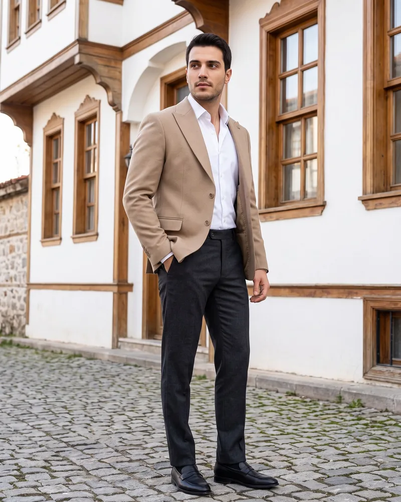 Beige Peak-Lapel Blazer - Blazers by Savas Textile