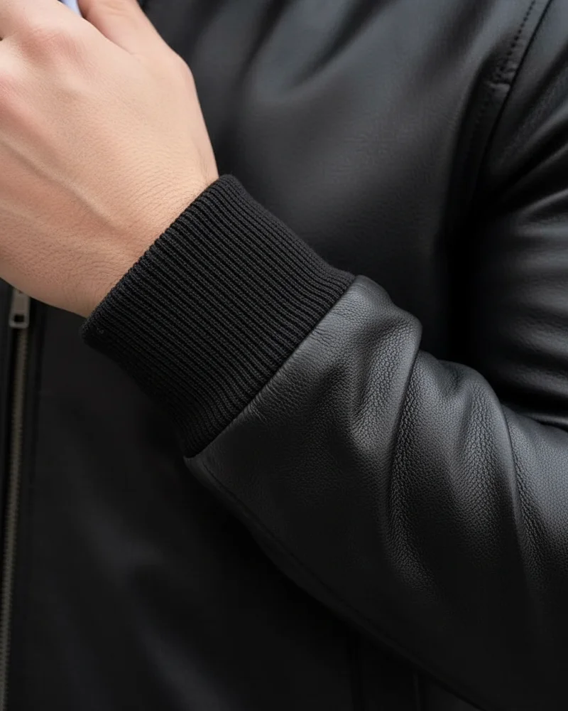 Black Leather Bomber Jacket detail - Savas Textile
