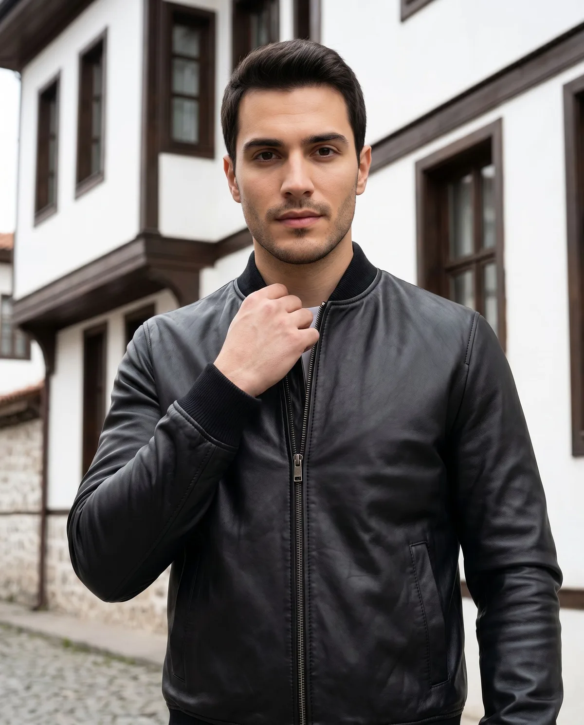 Black Leather Bomber Jacket detail - Savas Textile