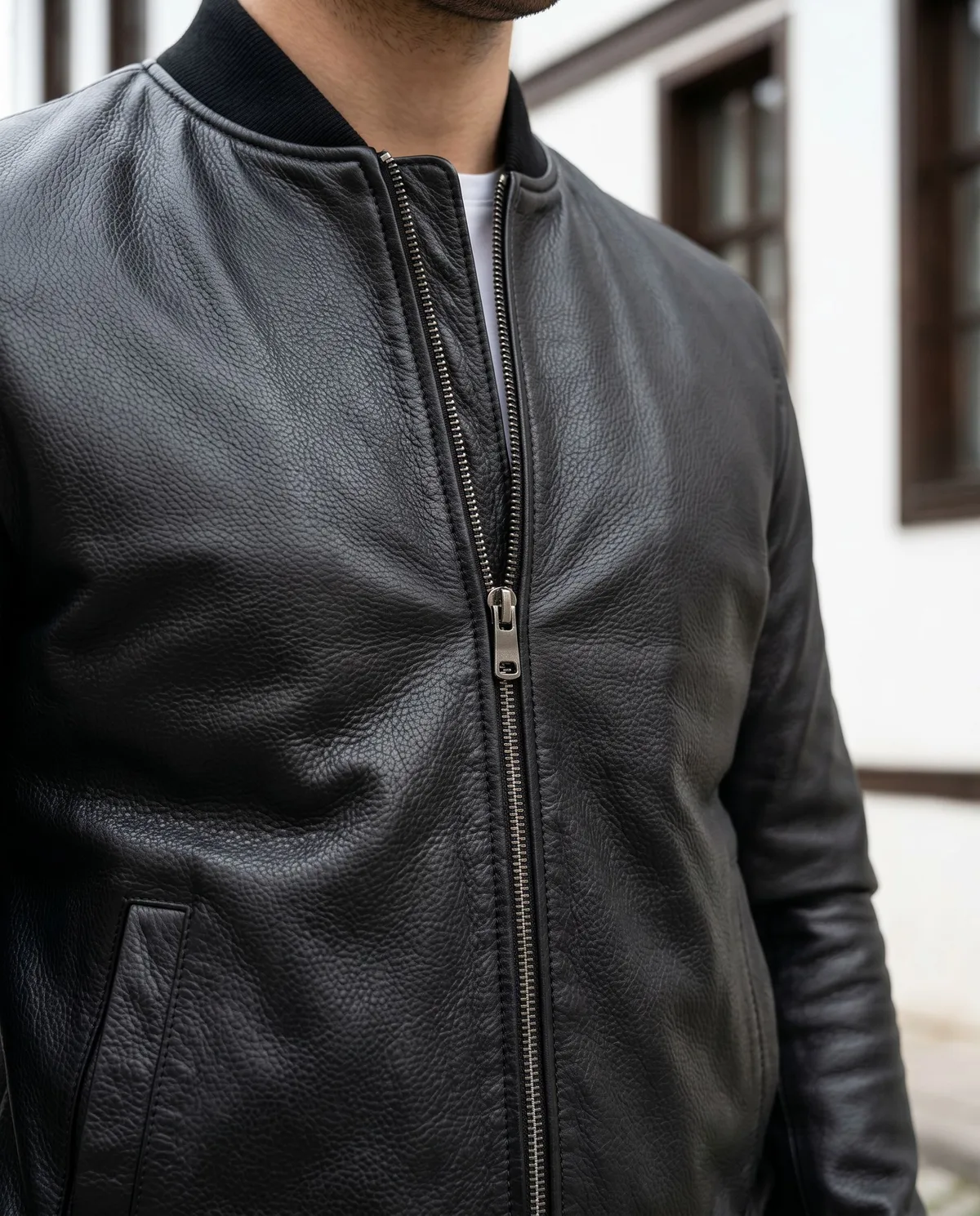 Black Leather Bomber Jacket detail - Savas Textile