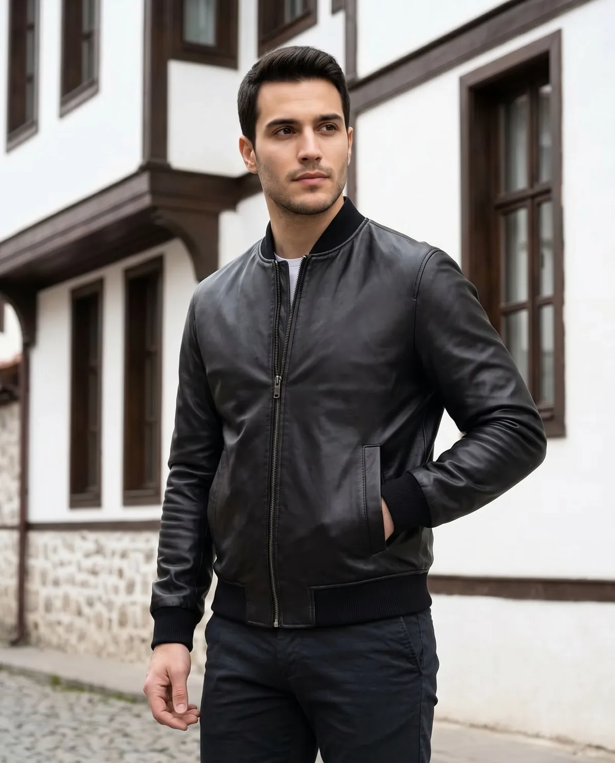 Black Leather Bomber Jacket detail - Savas Textile