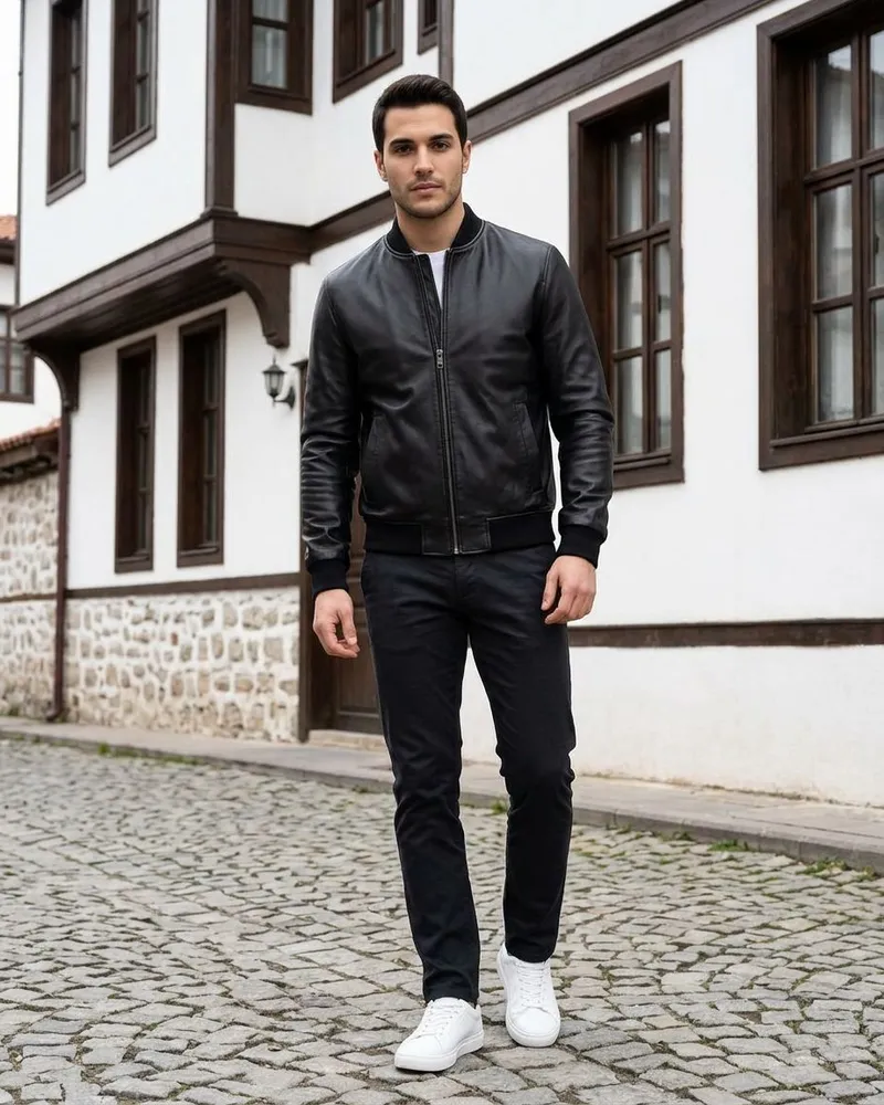 Black Leather Bomber Jacket - Leather Jackets by Savas Textile