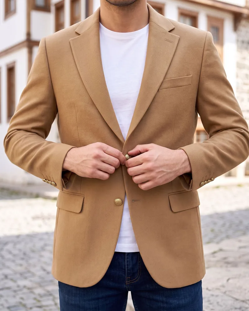 Camel Blazer detail - Savas Textile