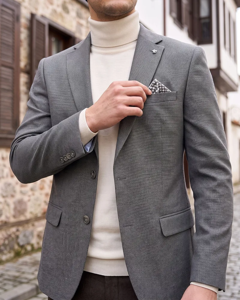 Grey Blazer with Pocket Square detail - Savas Textile