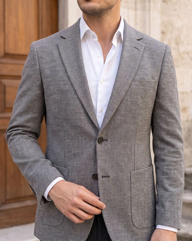 Grey Melange Textured Blazer detail - Savas Textile