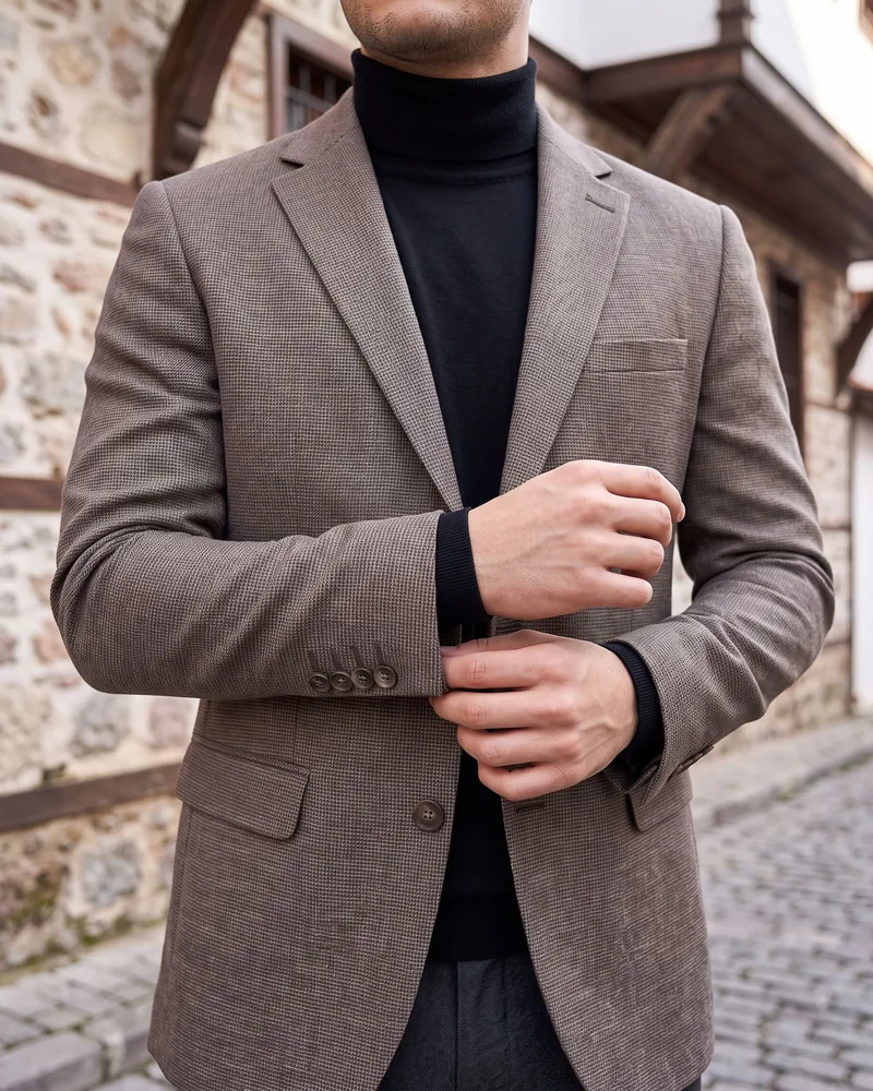 Grey-Brown Textured Blazer detail - Savas Textile