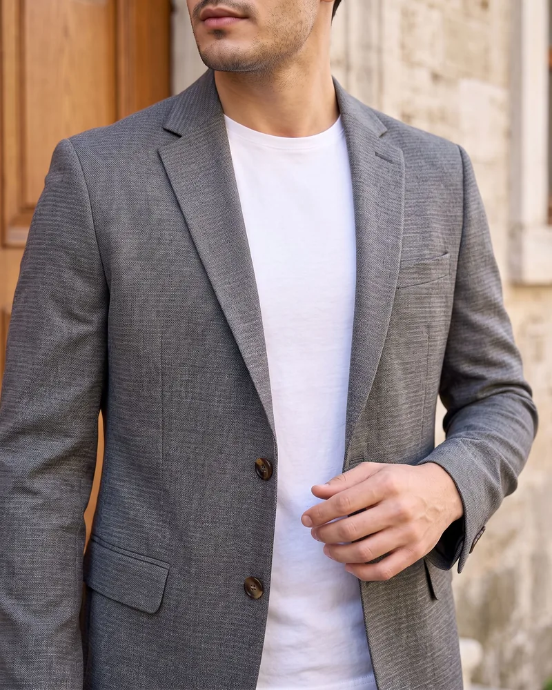 Grey Textured Blazer detail - Savas Textile