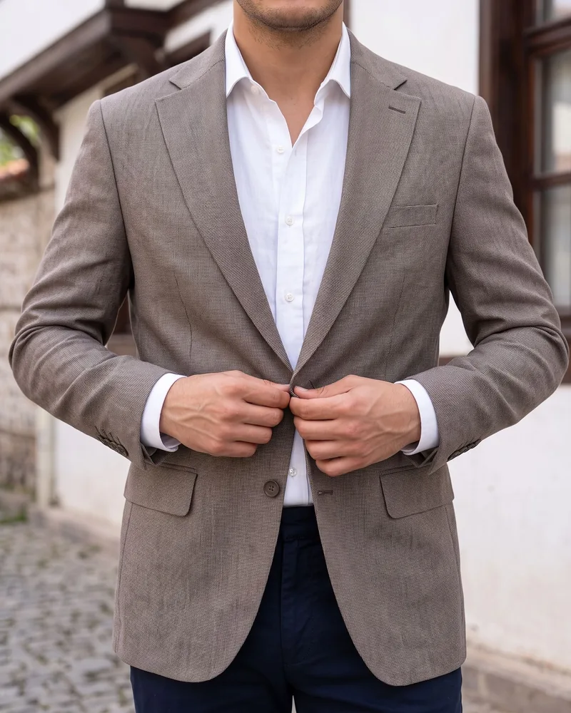 Taupe Textured Blazer detail - Savas Textile