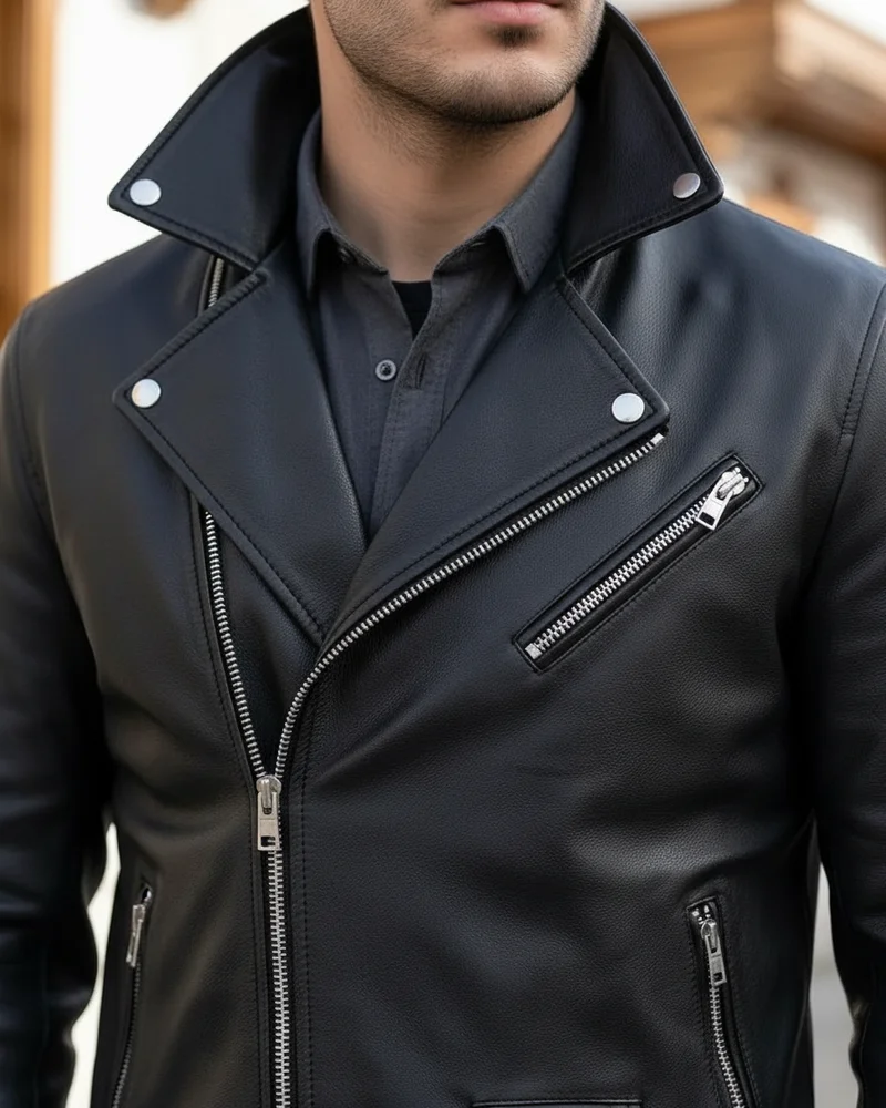 Black Biker Leather Jacket detail - Savas Textile