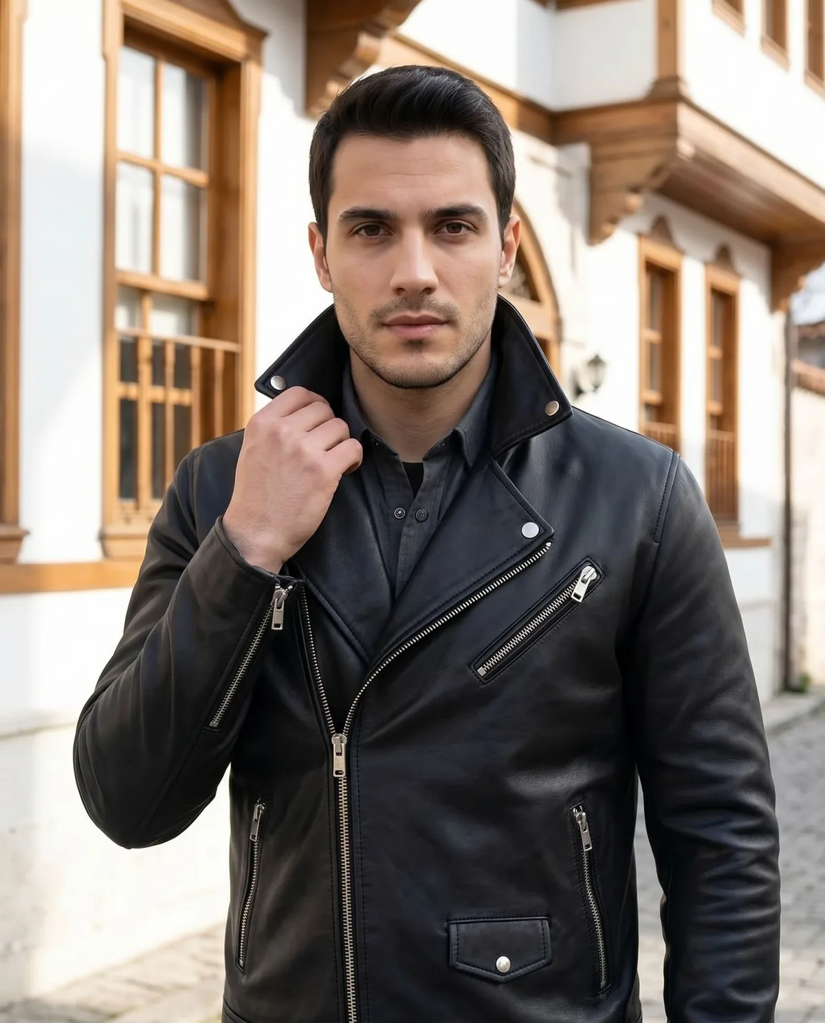 Black Biker Leather Jacket detail - Savas Textile