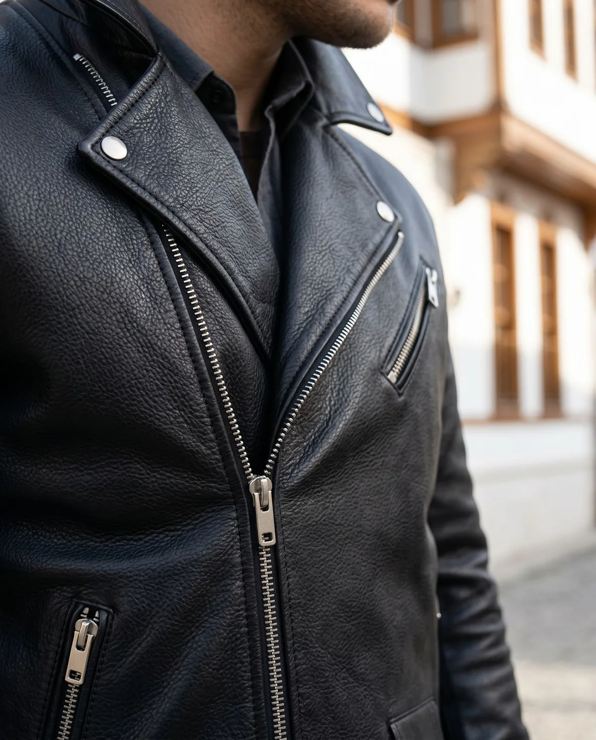 Black Biker Leather Jacket detail - Savas Textile