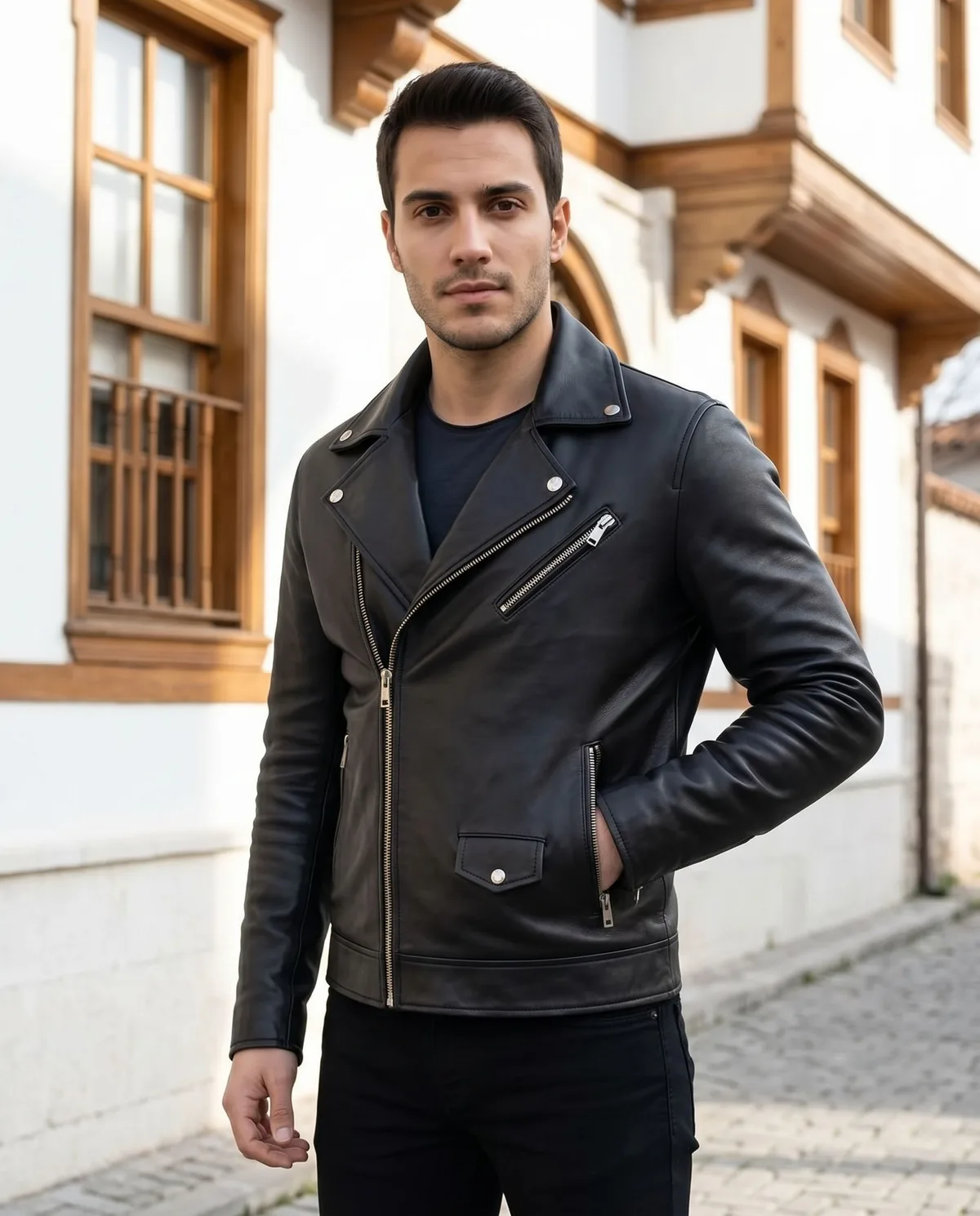 Black Biker Leather Jacket detail - Savas Textile