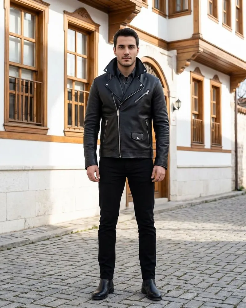 Black Biker Leather Jacket - Leather Jackets by Savas Textile