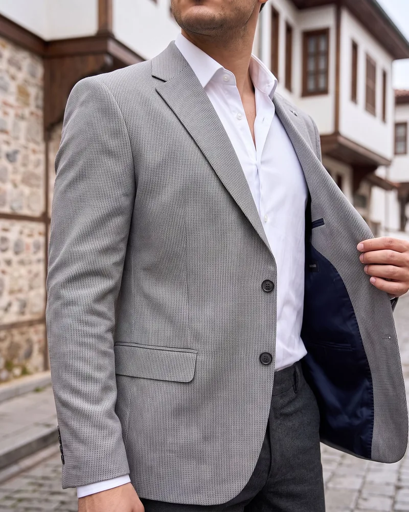 Light Grey Blazer with Navy Lining detail - Savas Textile