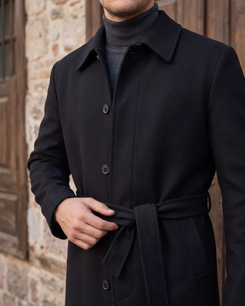 Black Belted Melton Overcoat detail - Savas Textile