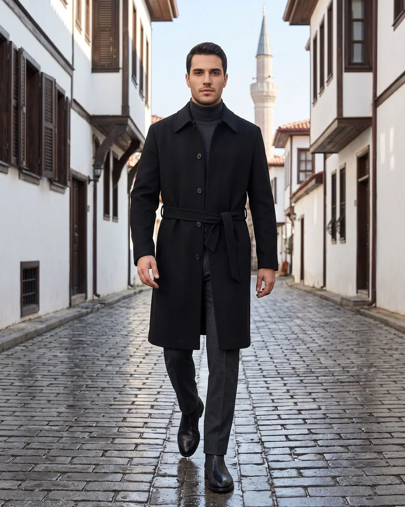 Black Belted Melton Overcoat - Outerwear by Savas Textile