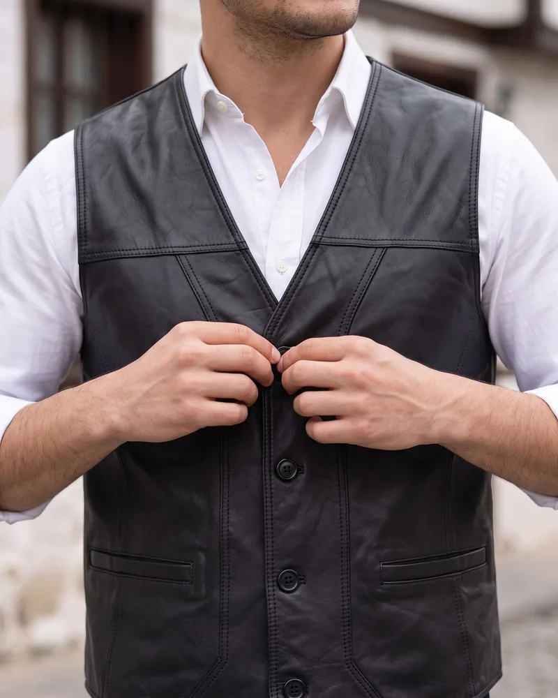 Black Leather Waistcoat detail - Savas Textile
