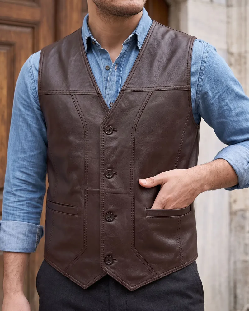 Brown Leather Waistcoat detail - Savas Textile