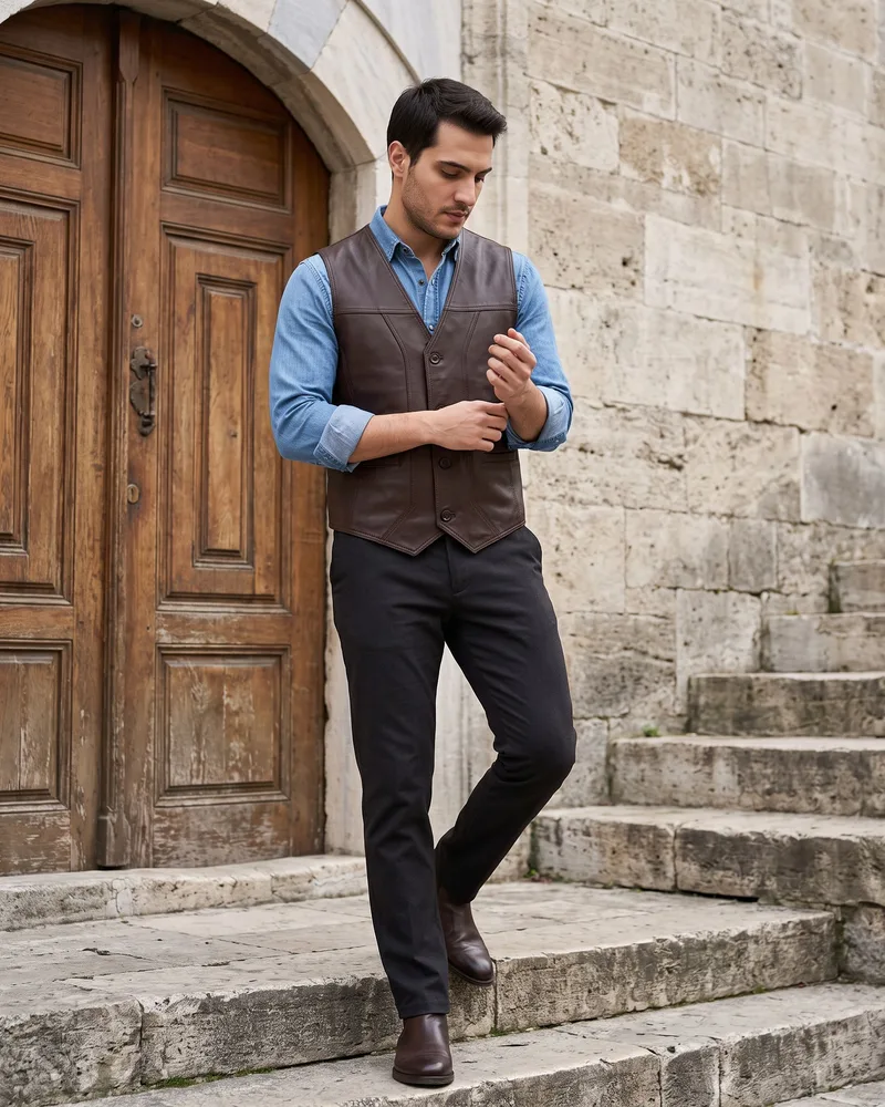 Brown Leather Waistcoat - Leather Jackets by Savas Textile