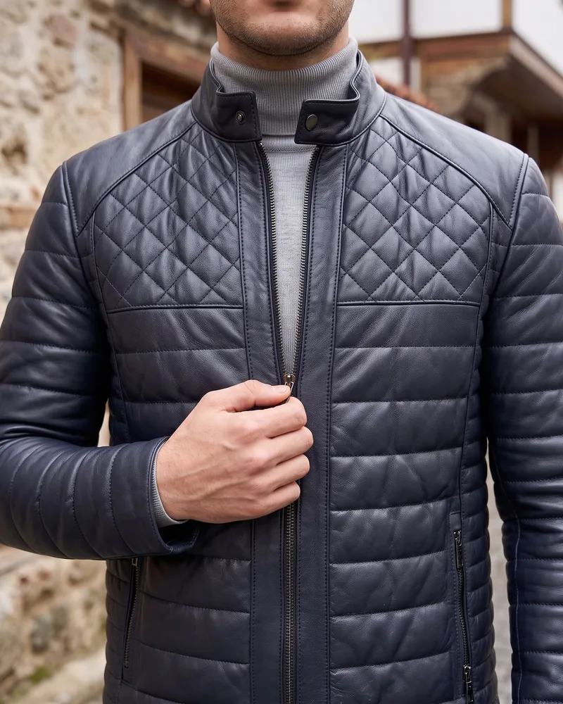 Navy Quilted Leather Puffer Jacket detail - Savas Textile