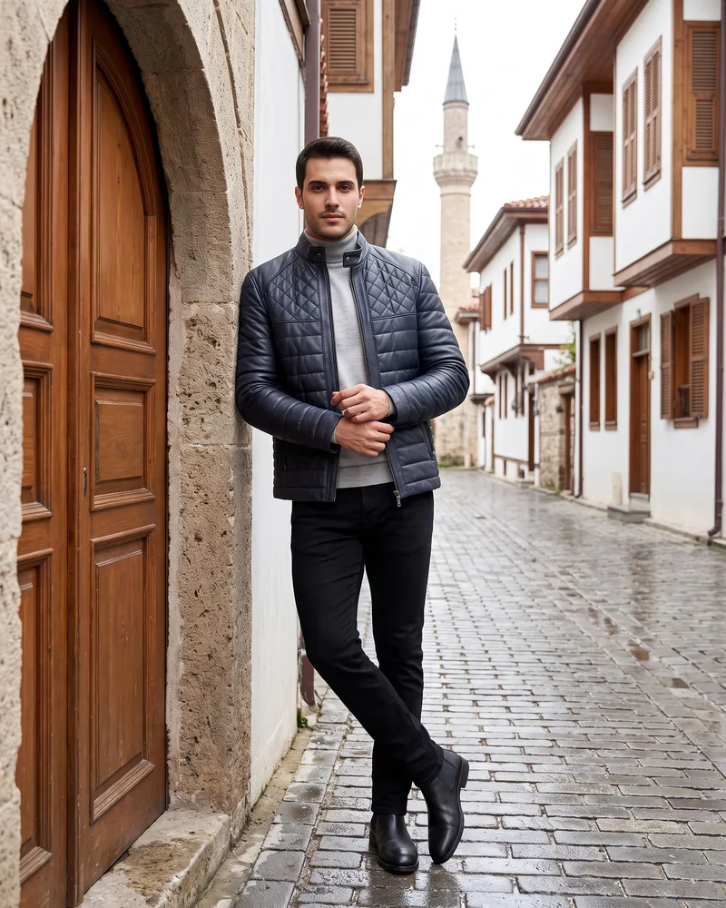 Navy Quilted Leather Puffer Jacket - Premium Turkish Leather Jackets by Savas Textile