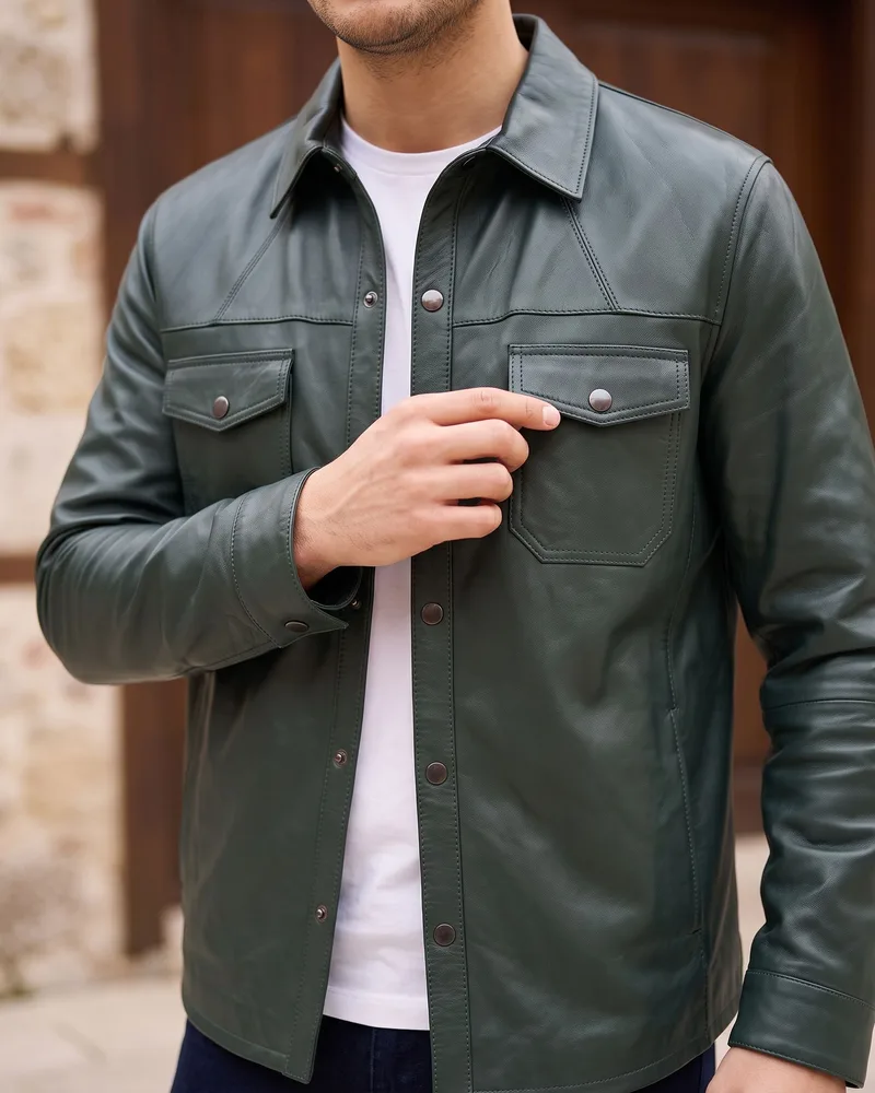 Green Leather Overshirt detail - Savas Textile